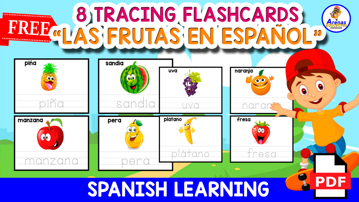 An educational teaching resource from EDITORIAL LAURA EDUCA entitled 8 FREE FLASHCARDS IN SPANISH | "Las Frutas" downloadable at Teach Simple.