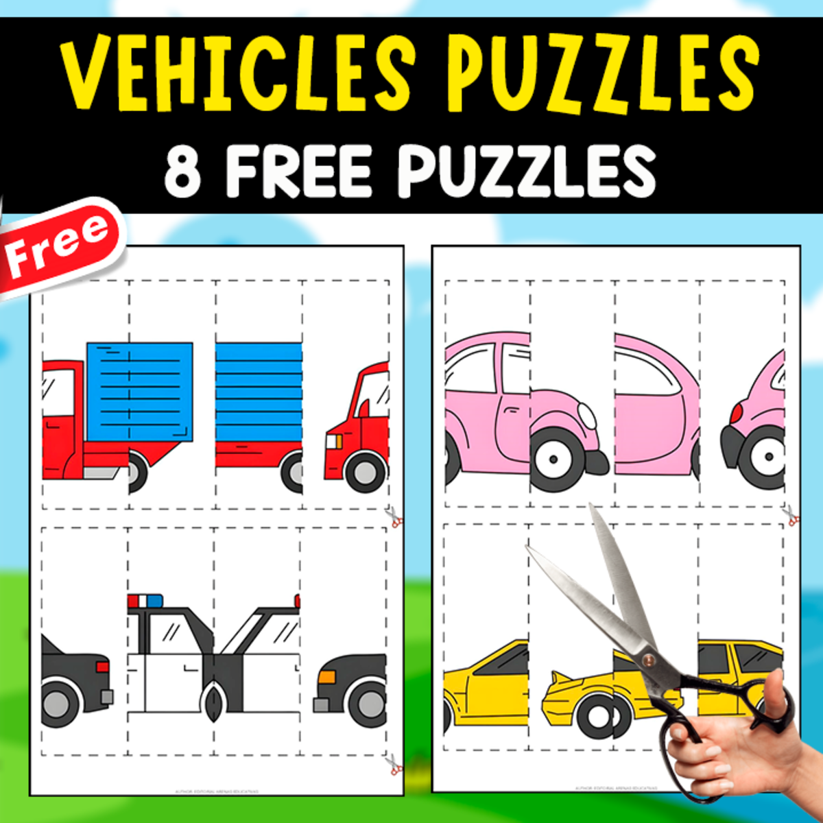 An educational teaching resource from EDITORIAL LAURA EDUCA entitled 8 FREE PUZZLES OF VEHICLES | CUT-OUT RESOURCE downloadable at Teach Simple.