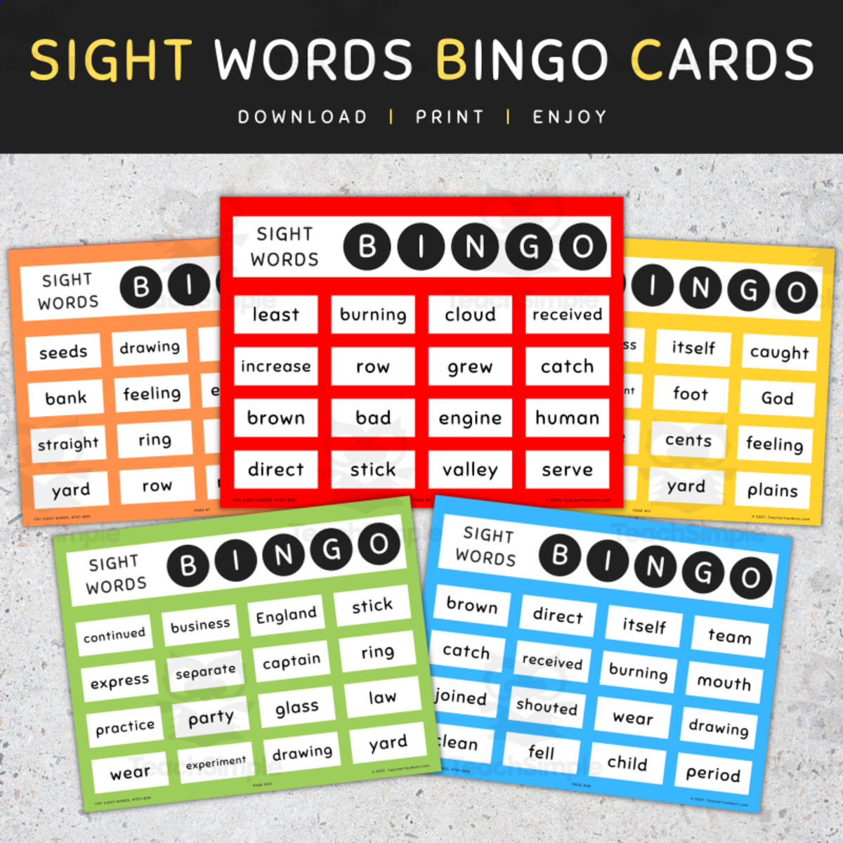 An educational teaching resource from TeacherYouWant entitled 8th 100 Fry Sight Words: Bingo Cards downloadable at Teach Simple.
