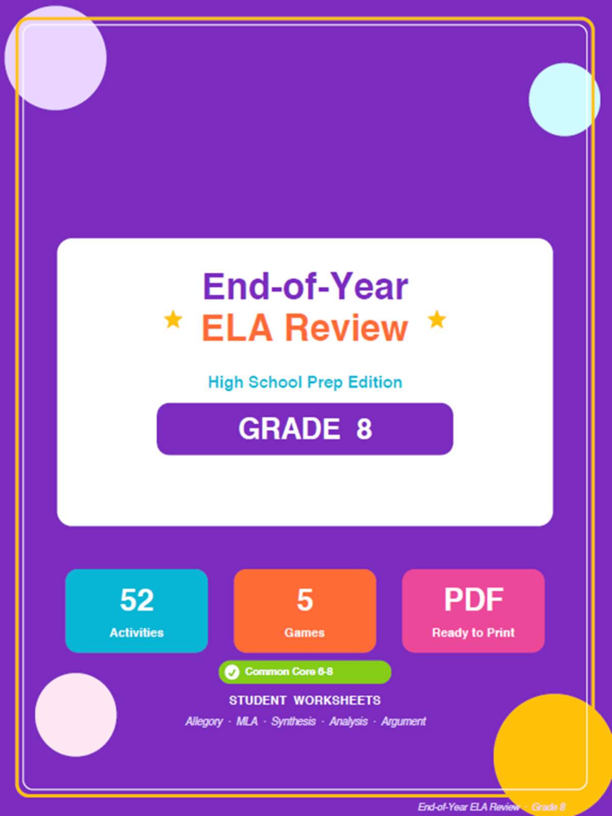 An educational teaching resource from Bright Classroom Ideas Marketplace entitled 8th Grade End of Year ELA Review Worksheets & Games downloadable at Teach Simple.