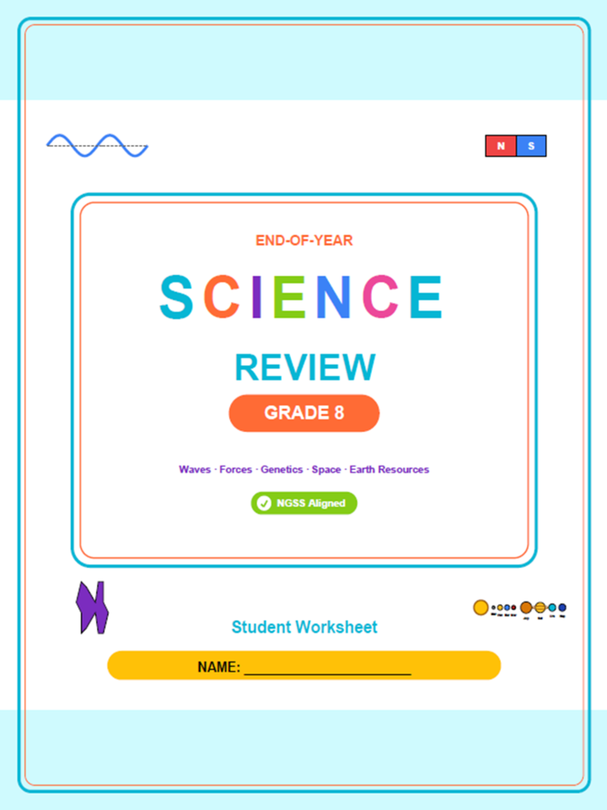 An educational teaching resource from Bright Classroom Ideas Marketplace entitled 8th Grade End of Year Science Review Worksheets & Games | NGSS Aligned downloadable at Teach Simple.