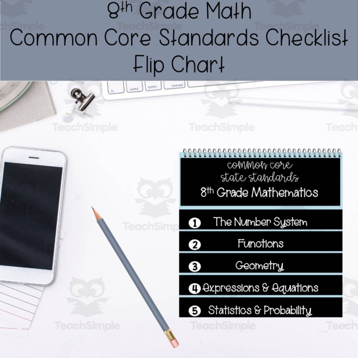 An educational teaching resource from Digitally Yours Shop entitled 8th Grade Math Common Core State Standards Flip Chart Checklist downloadable at Teach Simple.