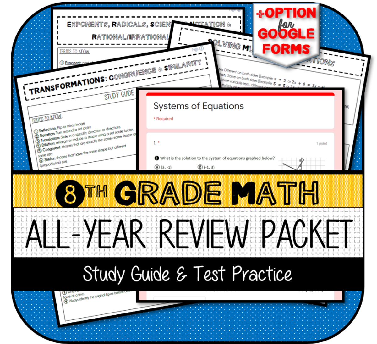 An educational teaching resource from The Math Cafe entitled 8th Grade Math Full-Year REVIEW PACKET downloadable at Teach Simple.