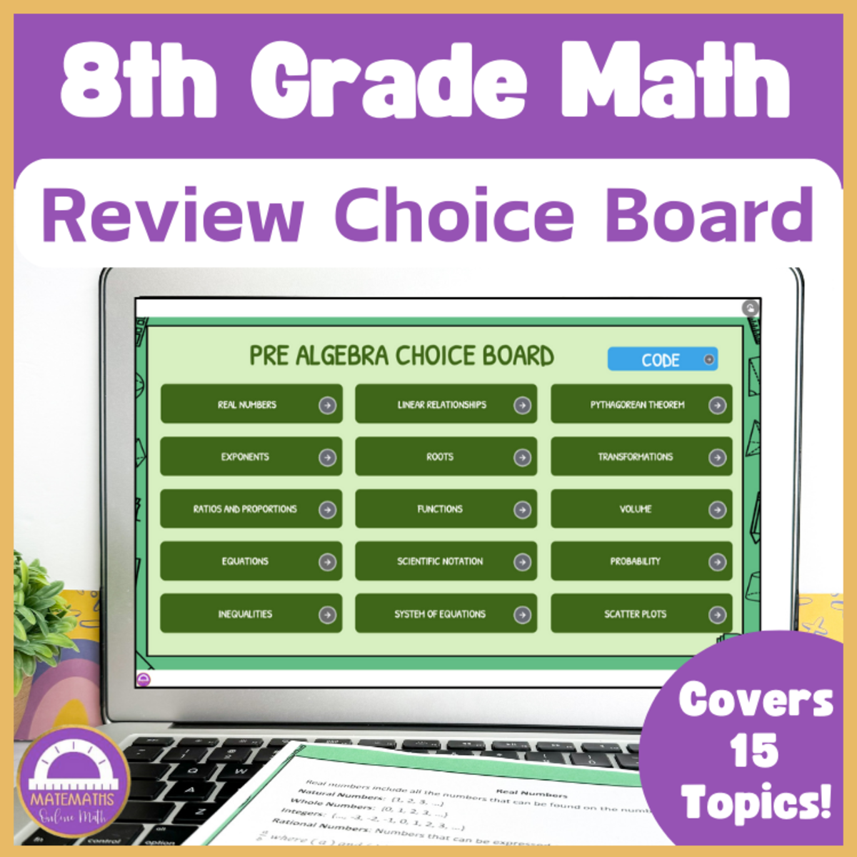 An educational teaching resource from Matemaths entitled 8th Grade Math Review Choice Board Activities Digital & Printable downloadable at Teach Simple.