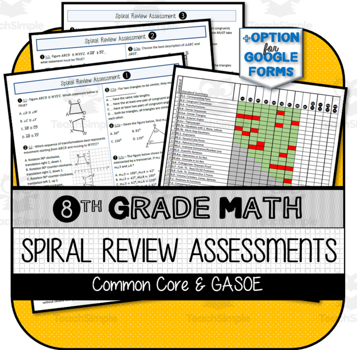 An educational teaching resource from The Math Cafe entitled 8th Grade Math Spiral Review Assessments for Common Core w/ Standards Checklist downloadable at Teach Simple.