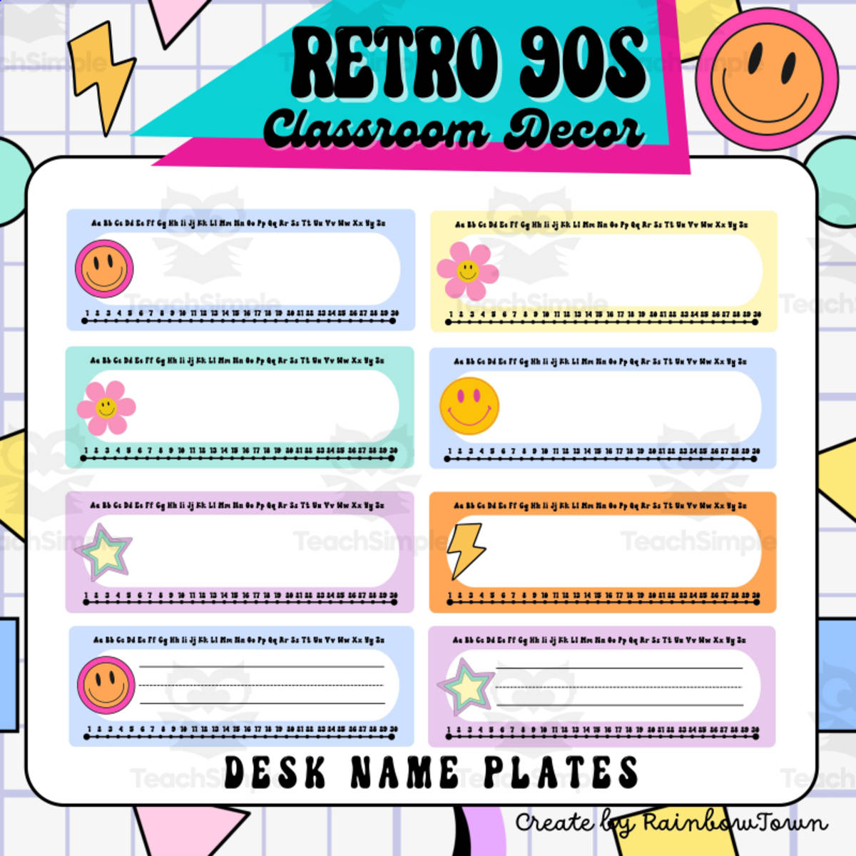 An educational teaching resource from RainbowTown entitled 90s Retro Theme Student Desk Name Plates Editable downloadable at Teach Simple.