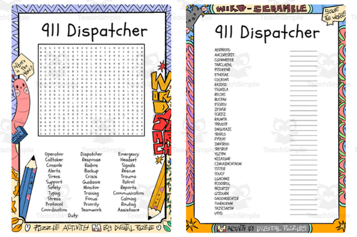 An educational teaching resource from Lapiiin Art Activities entitled 911 Dispatcher word search & scramble downloadable at Teach Simple.