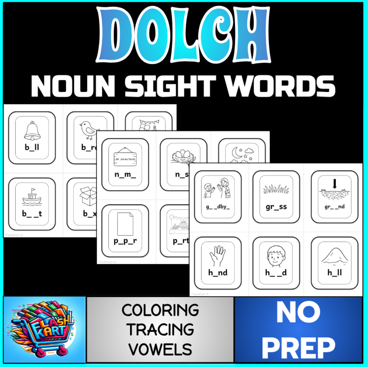 An educational teaching resource from FlashKart entitled 95 Dolch Noun Sight Words Coloring, Fill in the Blanks & Tracing downloadable at Teach Simple.