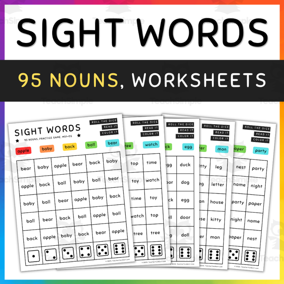 An educational teaching resource from TeacherYouWant entitled 95 Nouns Sight Words Practice Game , Roll & Color, Fun Activity - SET 9 (b) downloadable at Teach Simple.
