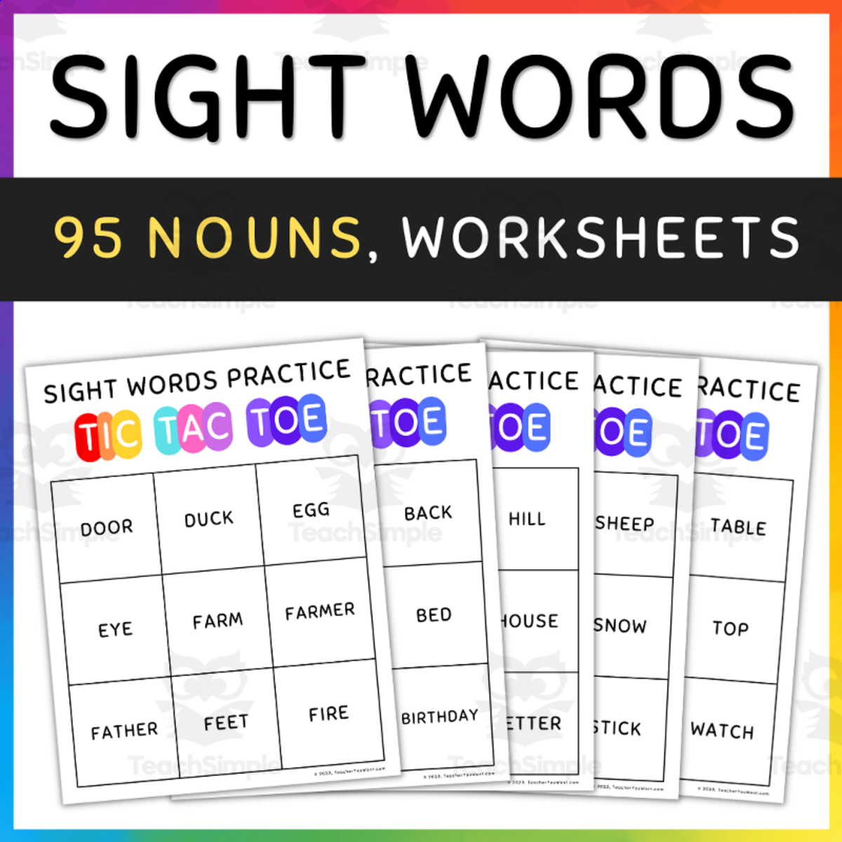 An educational teaching resource from TeacherYouWant entitled 95 Nouns Sight Words Tic Tac Toe Game Practice Worksheets downloadable at Teach Simple.