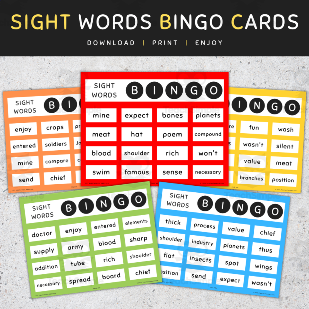 An educational teaching resource from TeacherYouWant entitled 9th 100 Fry Sight Words: Bingo Cards downloadable at Teach Simple.