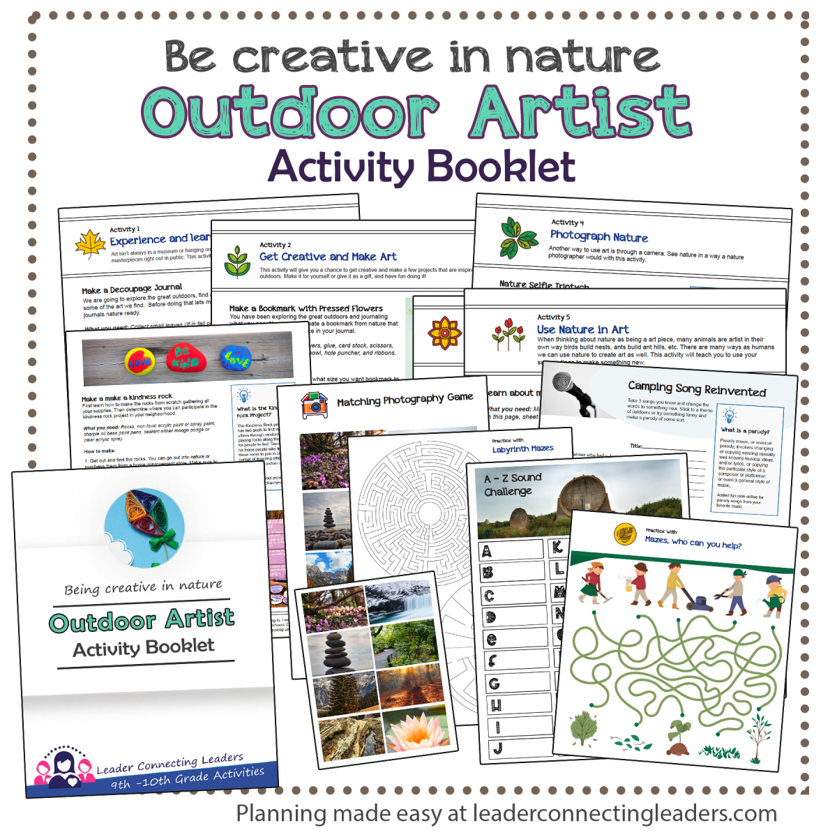 An educational teaching resource from Leader Connecting Leaders entitled 9th-10th grade: Being Creative in Nature: Outdoor Artist Activity Booklet downloadable at Teach Simple.