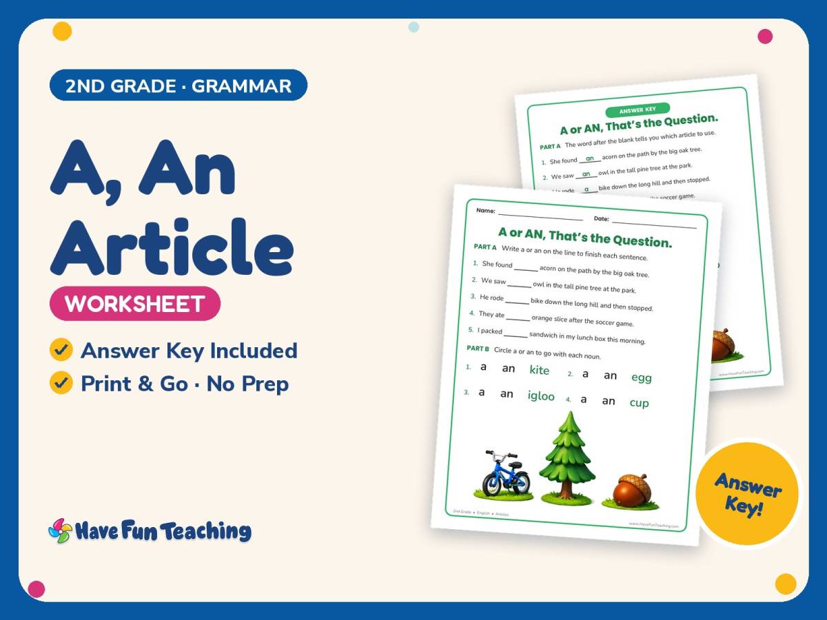 A, An Article Worksheet – 2nd Grade Articles Practice + Answer Key preview