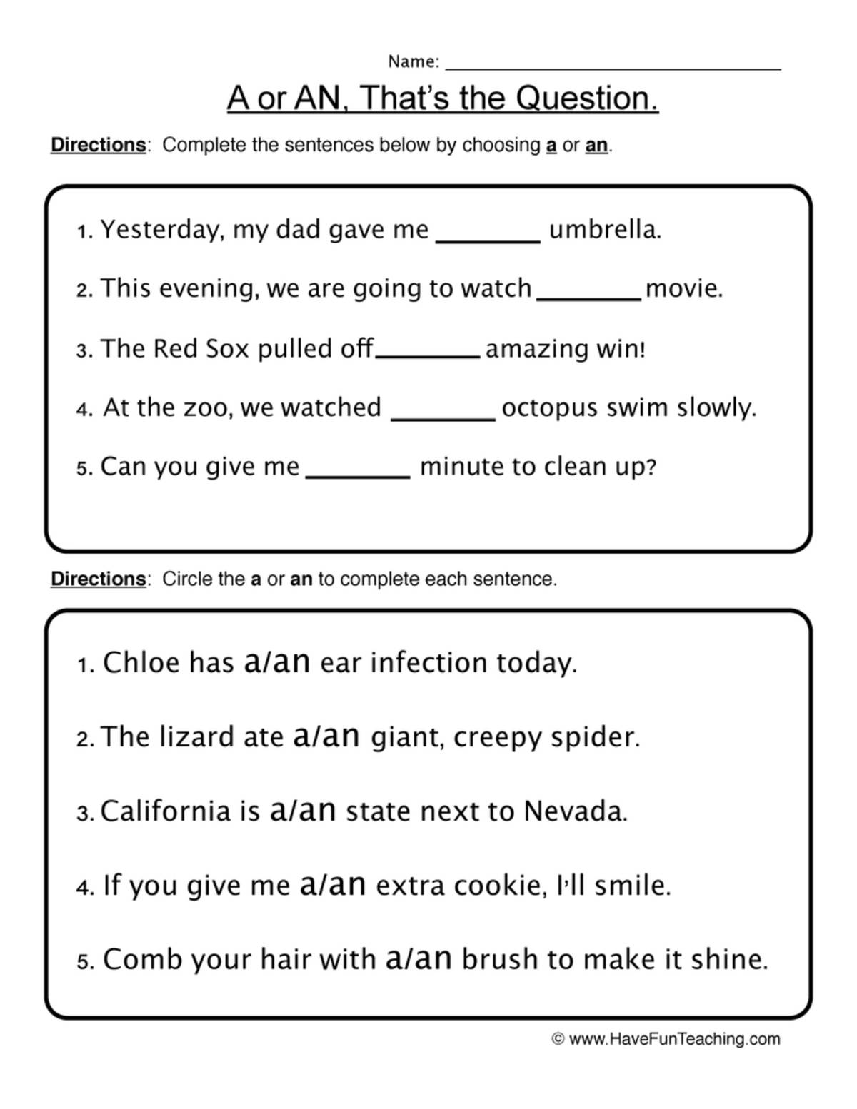 An educational teaching resource from Have Fun Teaching entitled A, An Article Worksheet downloadable at Teach Simple.