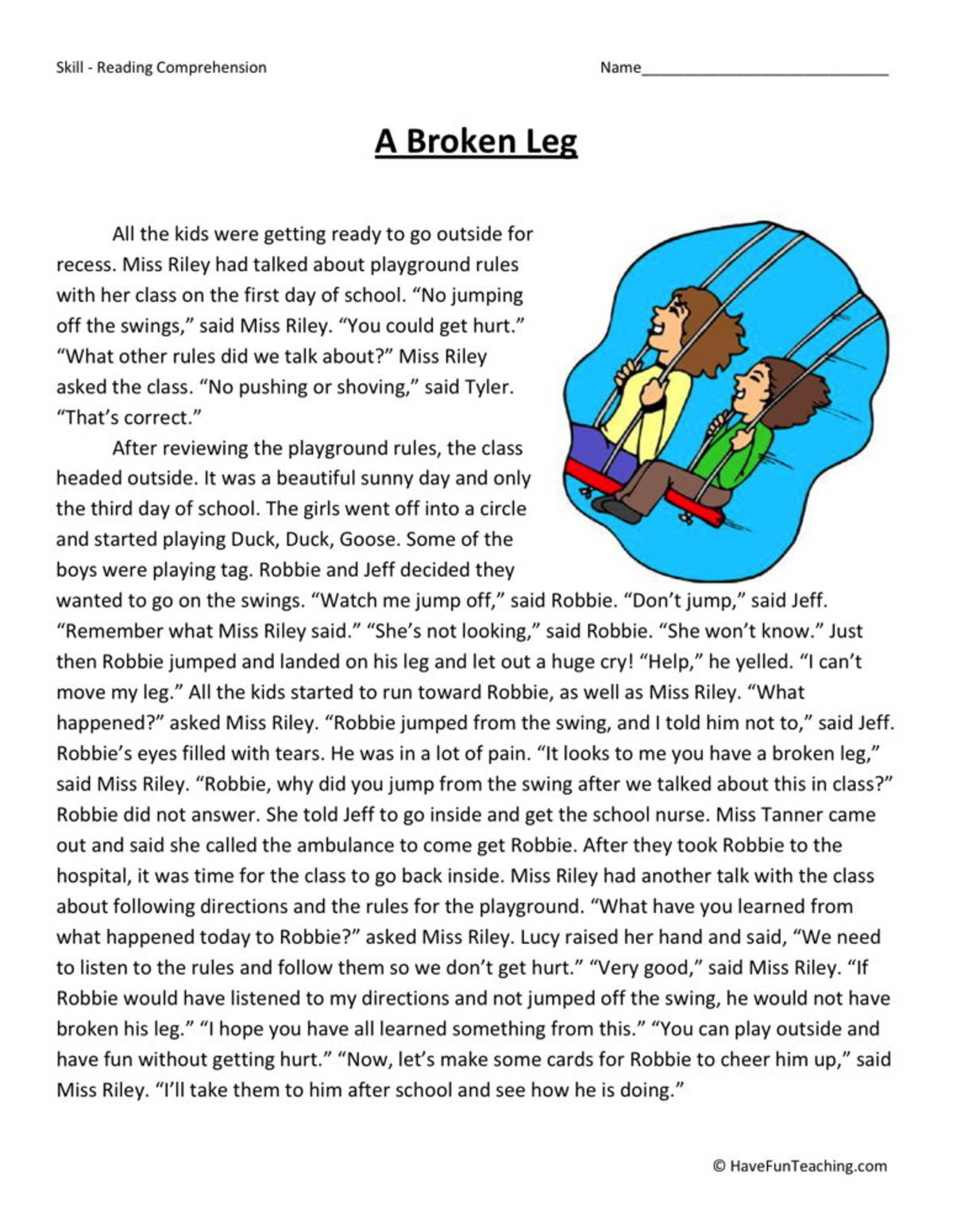 An educational teaching resource from Have Fun Teaching entitled A Broken Leg Reading Comprehension Worksheet downloadable at Teach Simple.