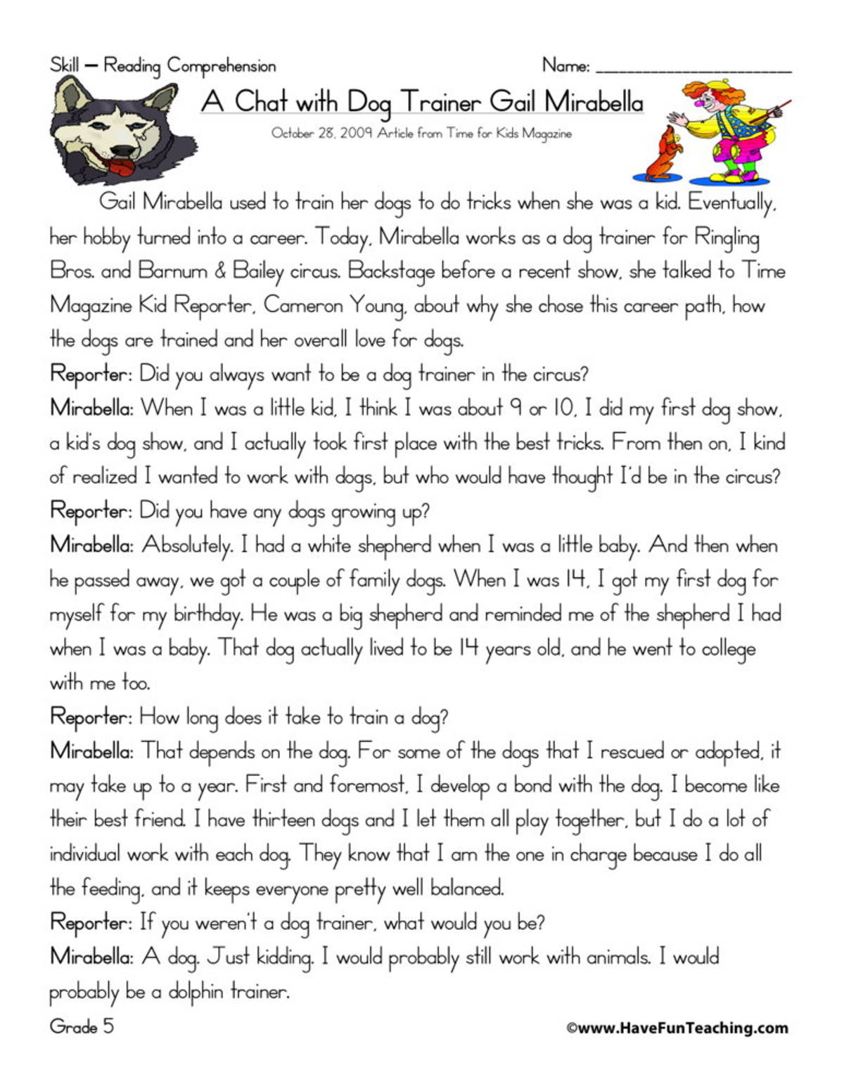 An educational teaching resource from Have Fun Teaching entitled A Chat with a Dog Trainer Reading Comprehension Worksheet downloadable at Teach Simple.