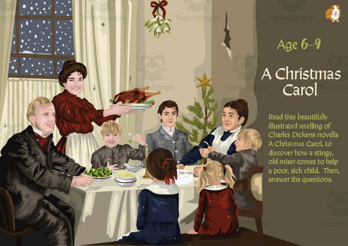 An educational teaching resource from Guinea Pig Education entitled A Christmas Carol - The Story of the Cratchit Family and Ebenezer Scrooge (6-9 years) downloadable at Teach Simple.