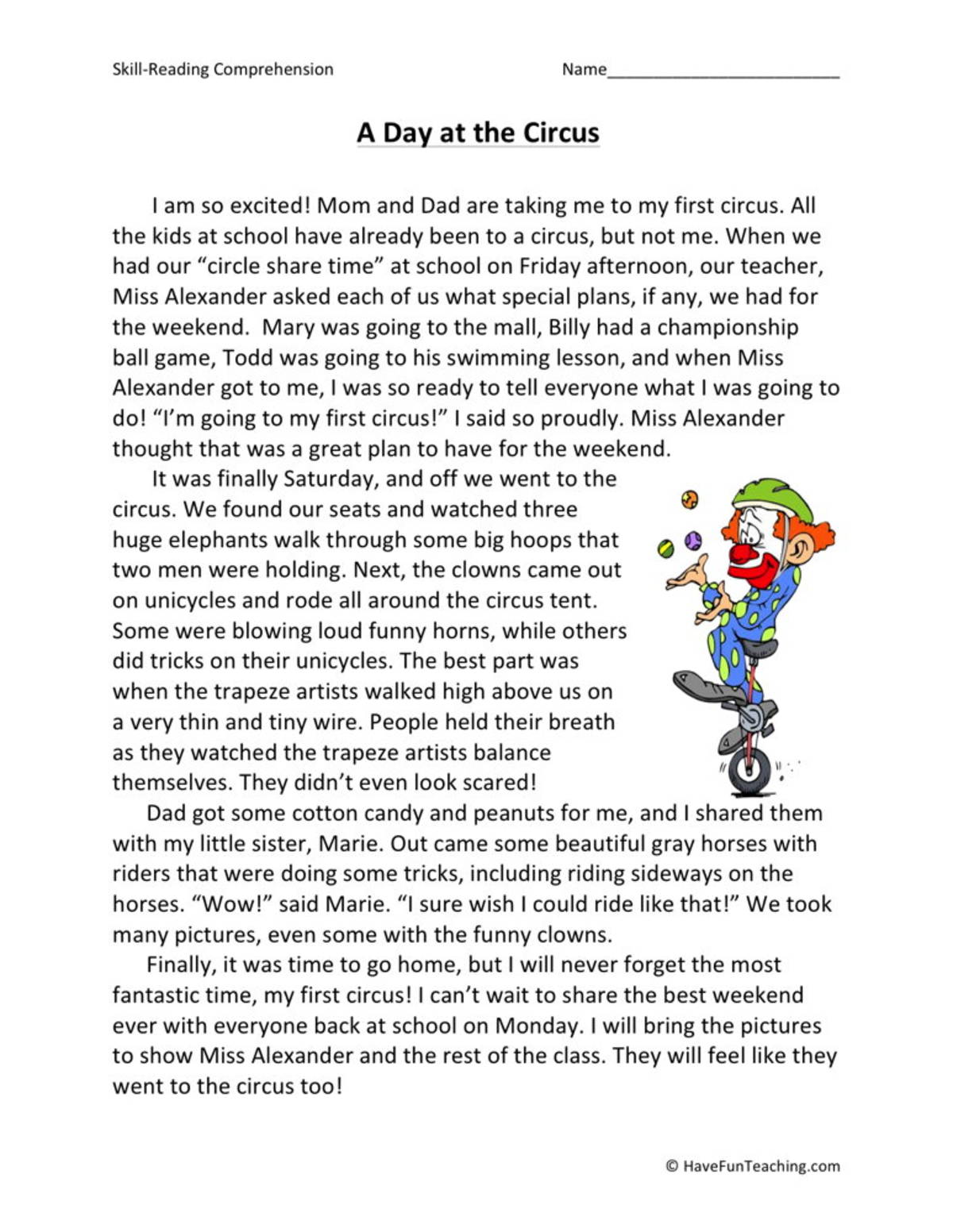 An educational teaching resource from Have Fun Teaching entitled A Day at the Circus Reading Comprehension Worksheet downloadable at Teach Simple.