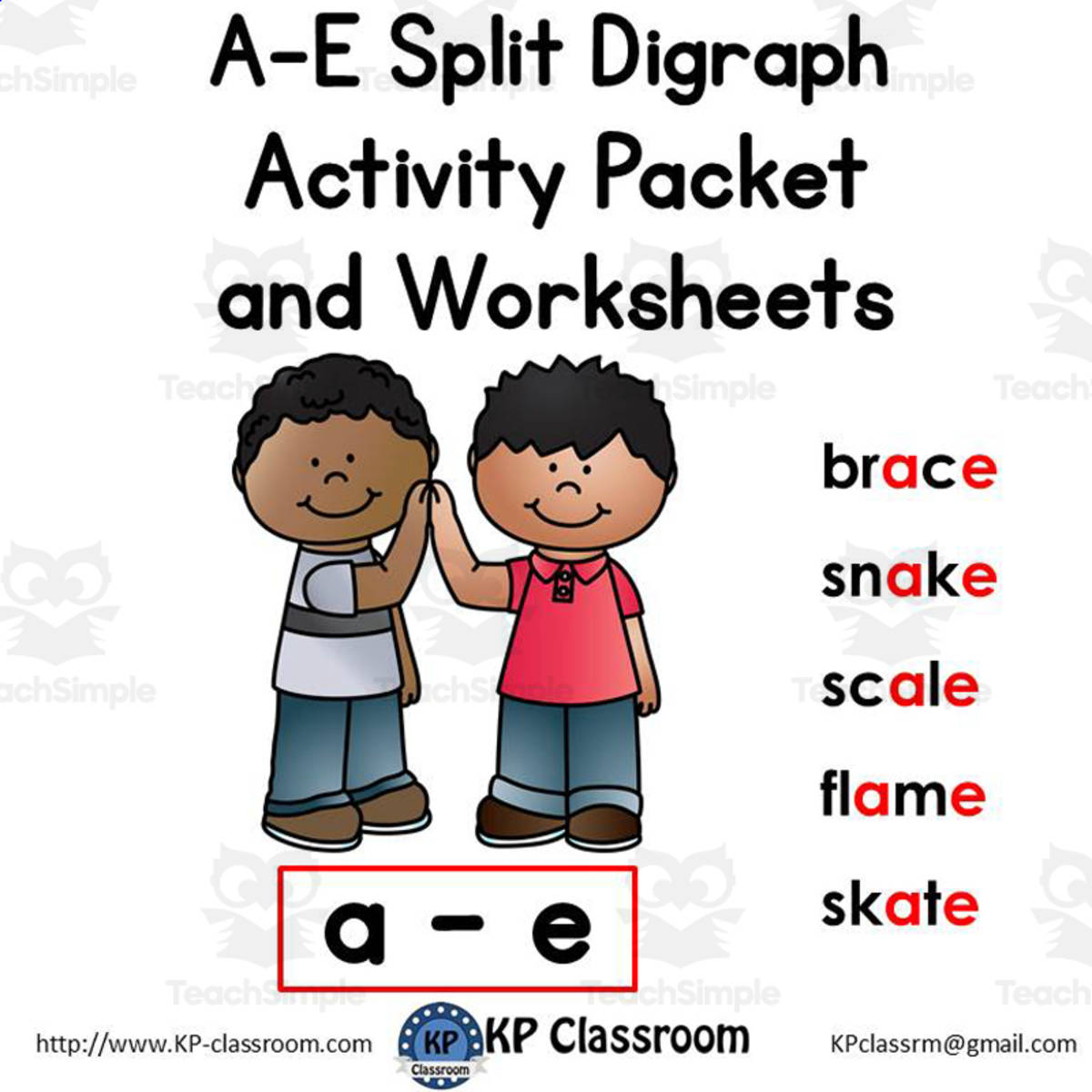 An educational teaching resource from KP Classroom entitled A-E Split Digraph Activity Packet and Worksheets downloadable at Teach Simple.