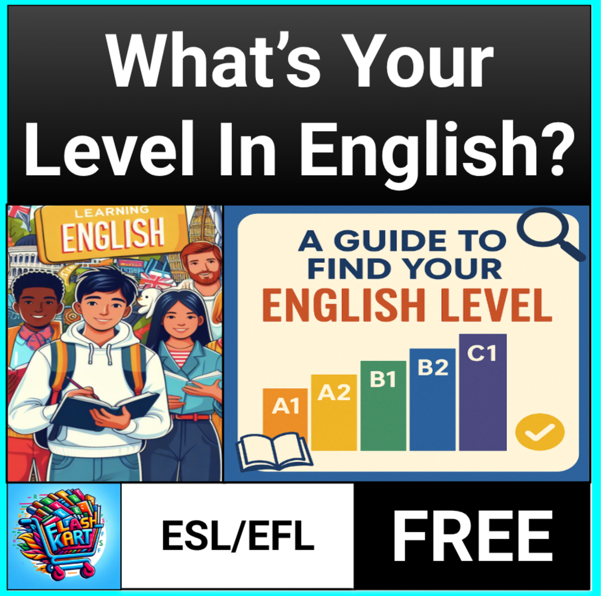 An educational teaching resource from FlashKart entitled A Guide to Find Your English Level (ESL/EFL Guide) downloadable at Teach Simple.