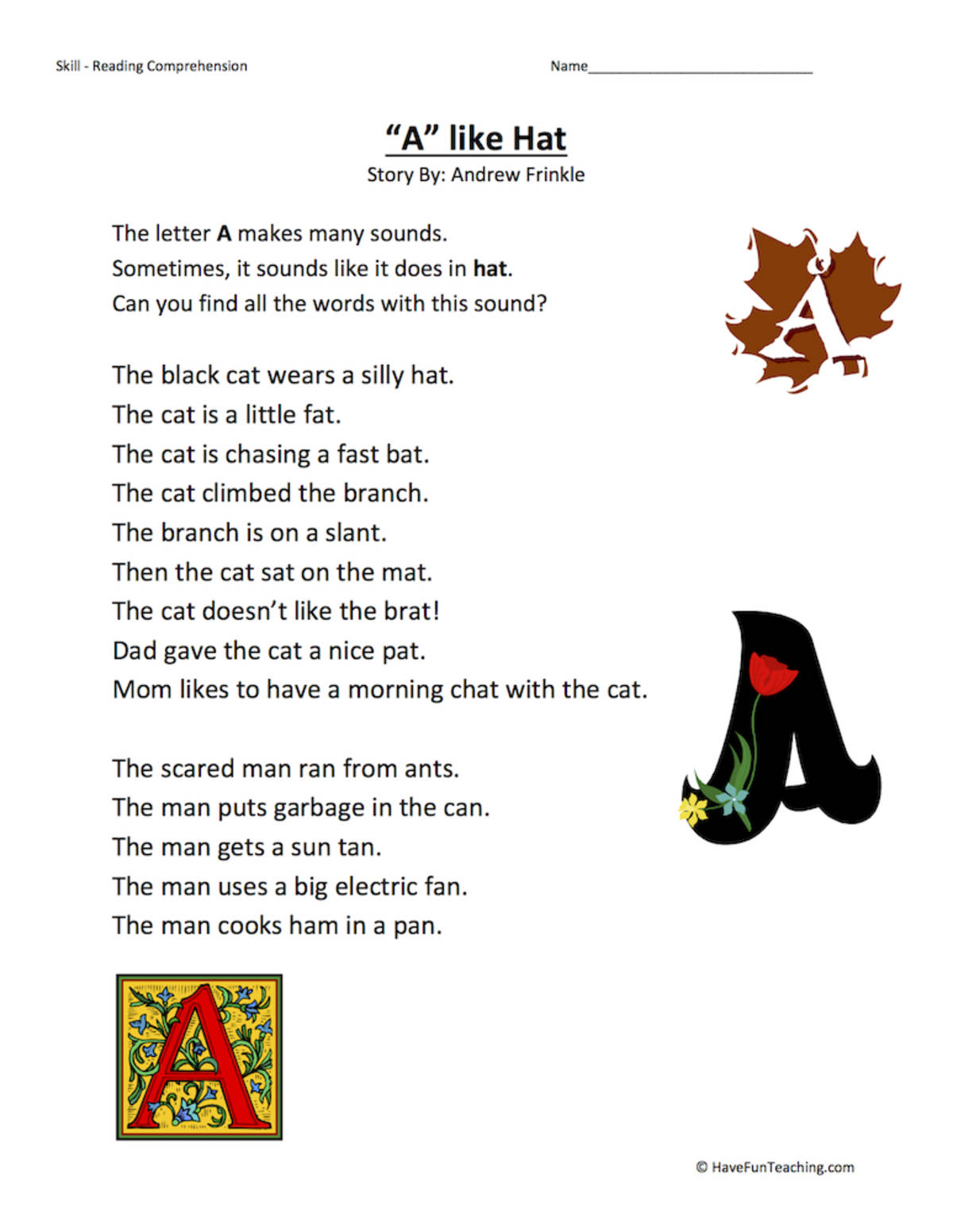 An educational teaching resource from Have Fun Teaching entitled A Like Hat Reading Comprehension Worksheet downloadable at Teach Simple.