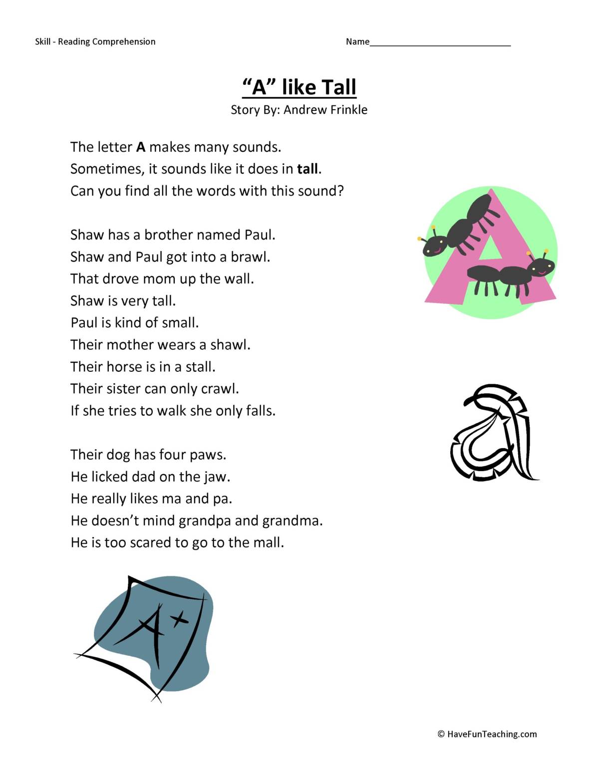 An educational teaching resource from Have Fun Teaching entitled A Like Tall Reading Comprehension Worksheet downloadable at Teach Simple.