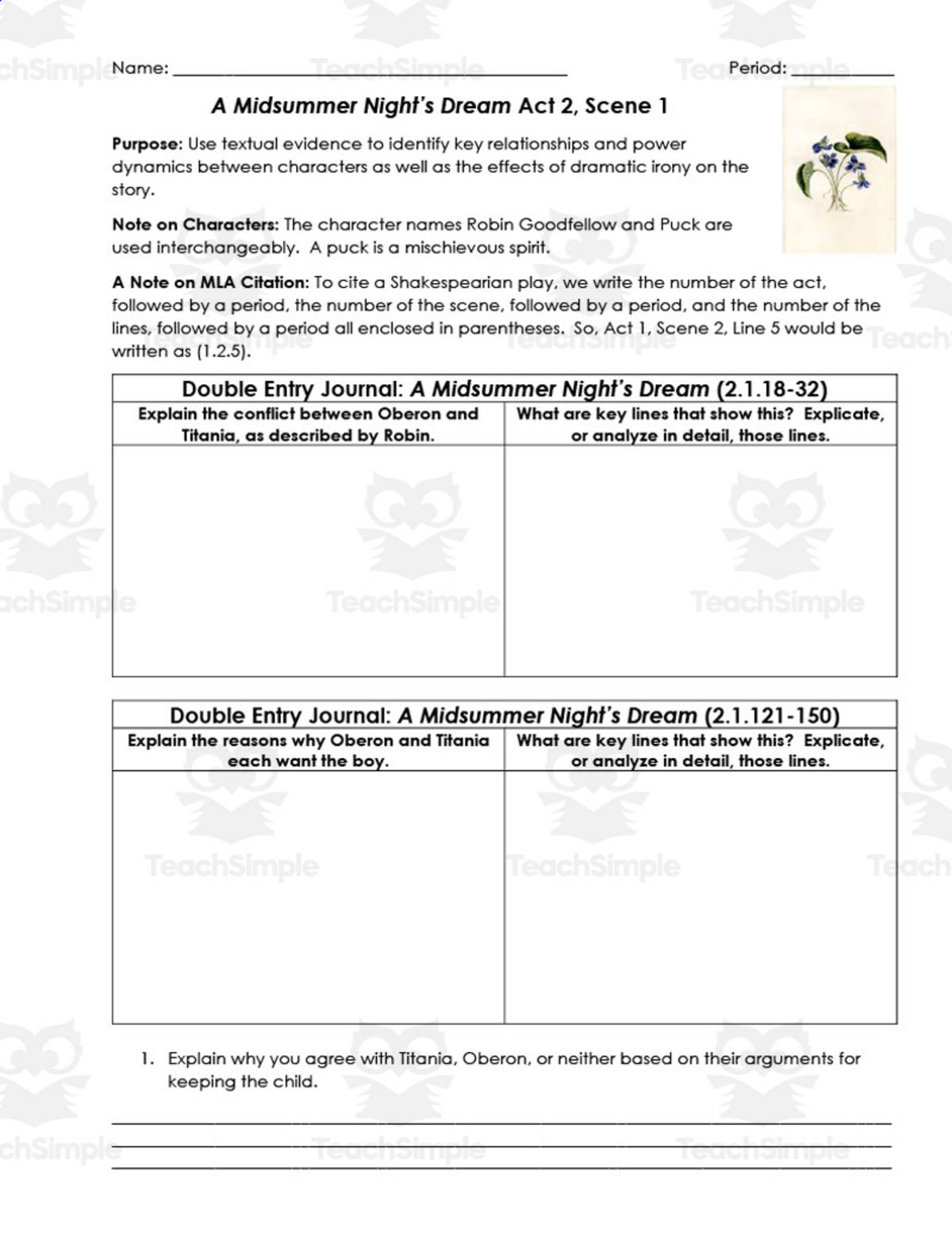 An educational teaching resource from ELA Resources entitled A Midsummer Nights Dream Act 2, Scene 1 | Double Entry Journals downloadable at Teach Simple.