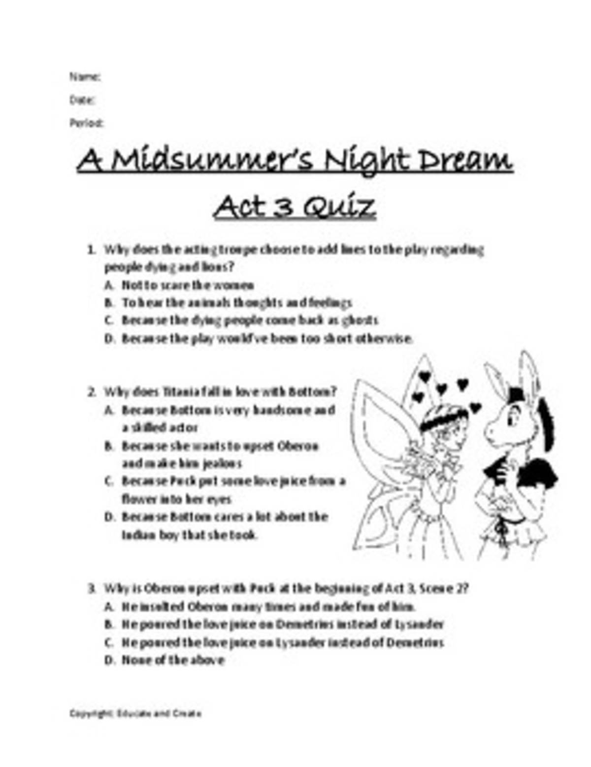 An educational teaching resource from Educate and Create entitled A Midsummer Night's Dream Act 3 Quiz downloadable at Teach Simple.