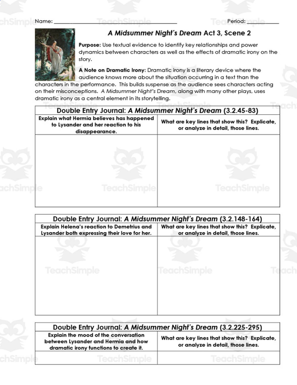 An educational teaching resource from ELA Resources entitled A Midsummer Nights Dream Act 3, Scene 2 | Double Entry Journals downloadable at Teach Simple.