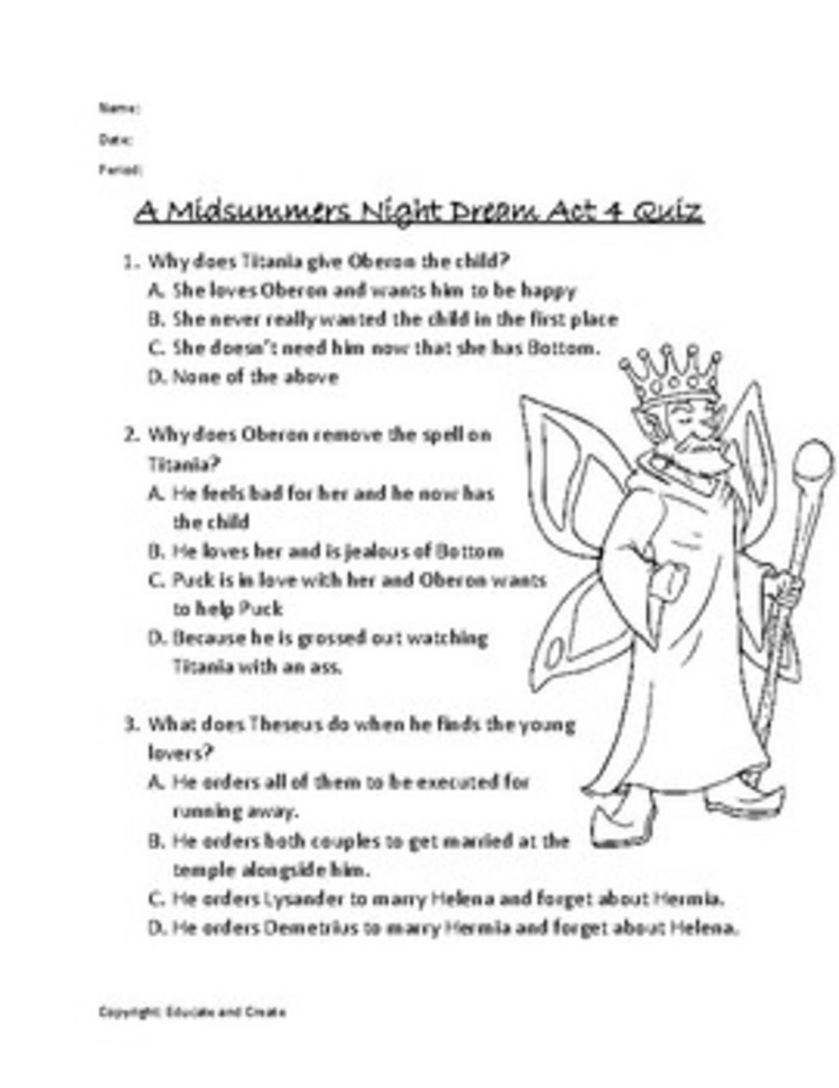 An educational teaching resource from Educate and Create entitled A Midsummer Night's Dream Act 4 Quiz downloadable at Teach Simple.