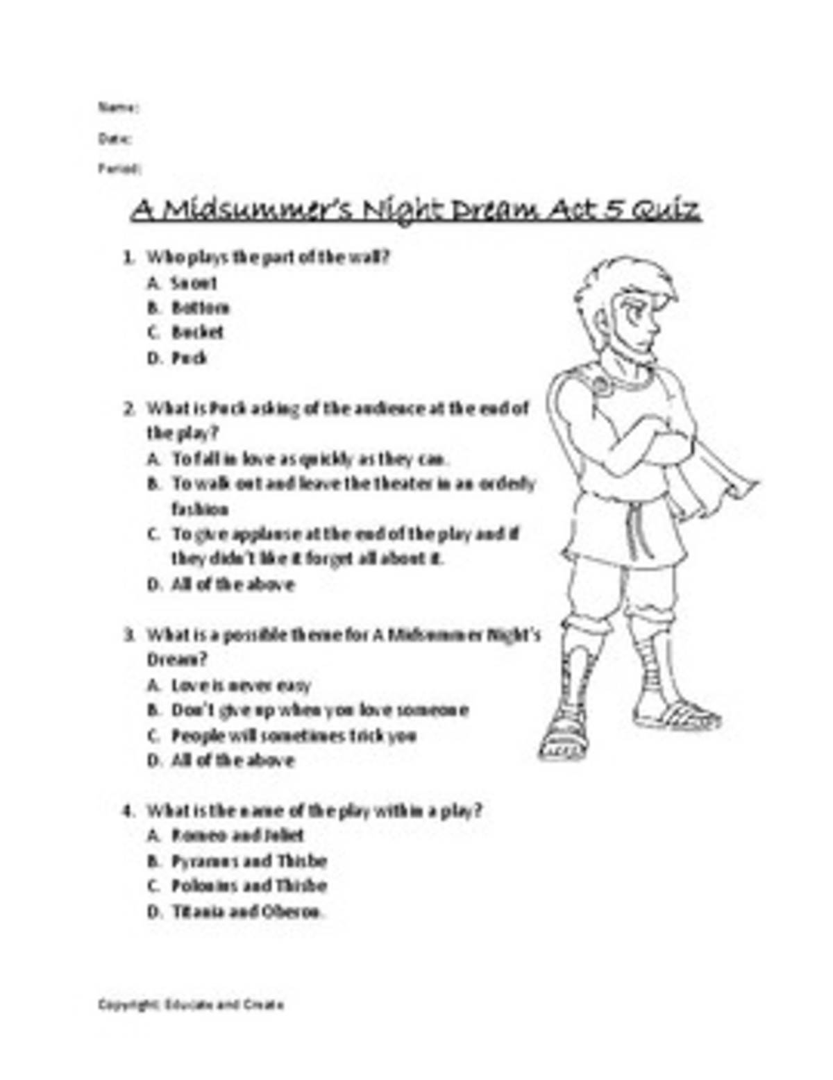 An educational teaching resource from Educate and Create entitled A Midsummer Night's Dream Act 5 Quiz downloadable at Teach Simple.