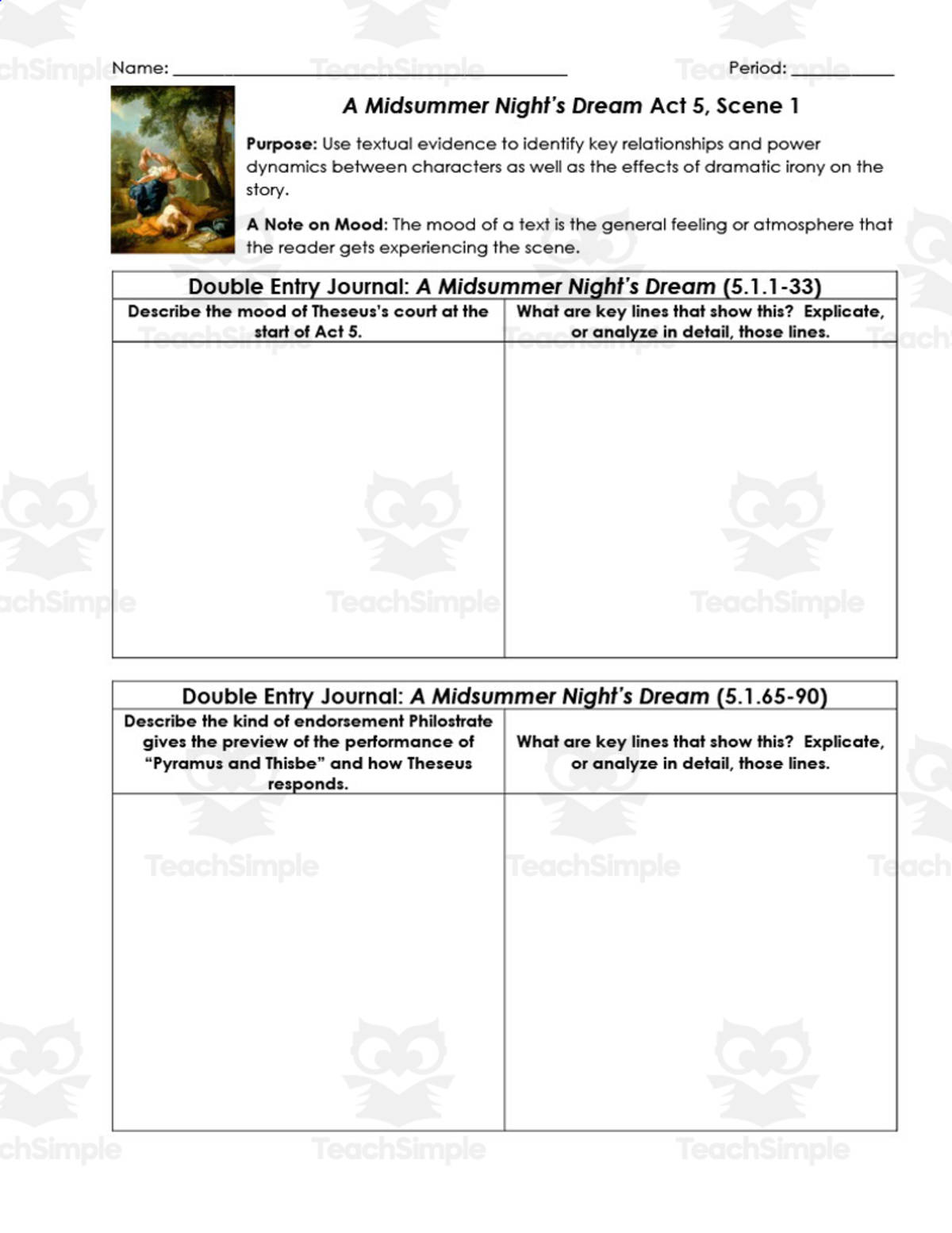 An educational teaching resource from ELA Resources entitled A Midsummer Night's Dream Act 5, Scene 1 | Double Entry Journals downloadable at Teach Simple.