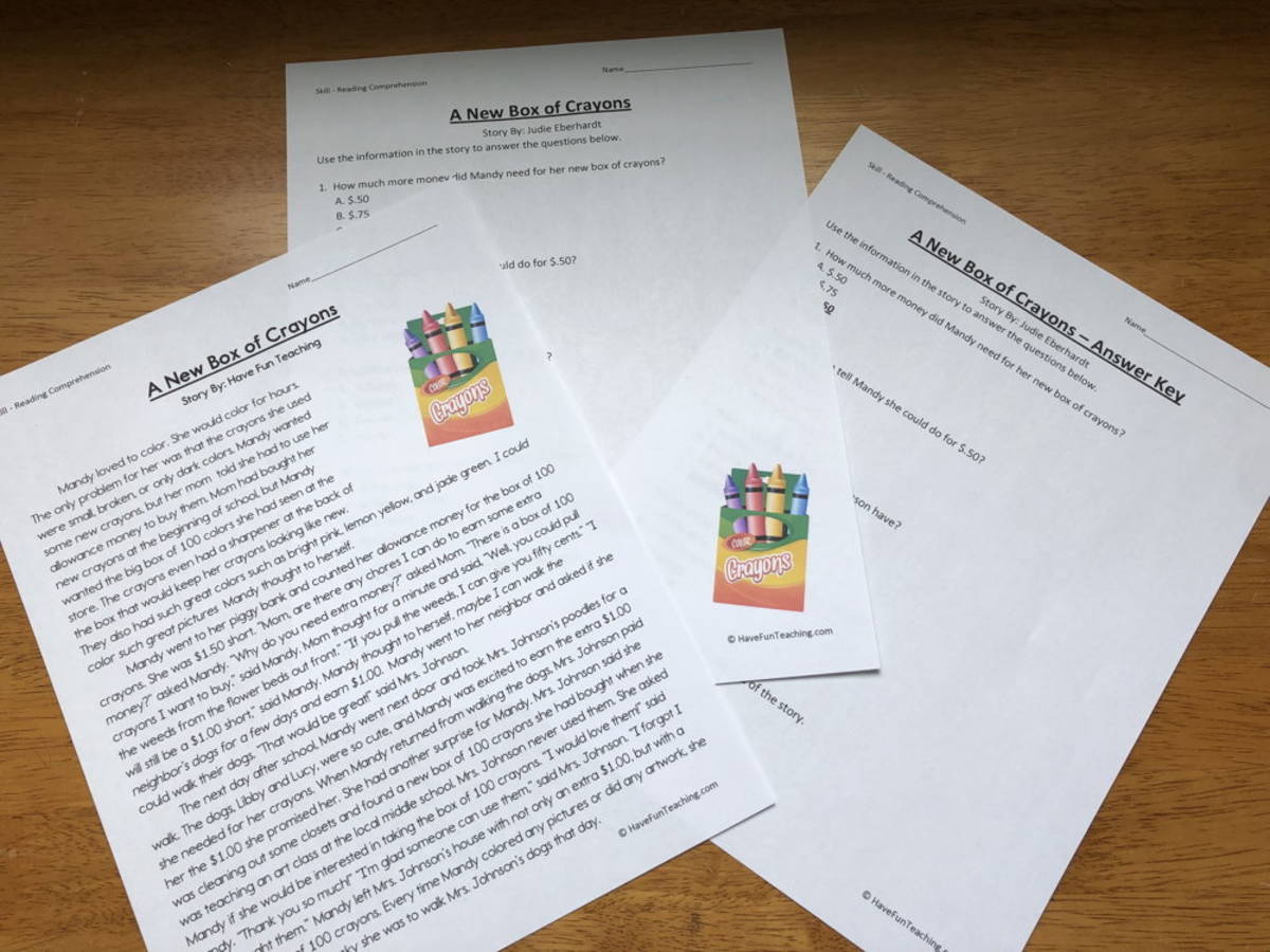 An educational teaching resource from Have Fun Teaching entitled A New Box of Crayons Reading Comprehension Worksheet downloadable at Teach Simple.