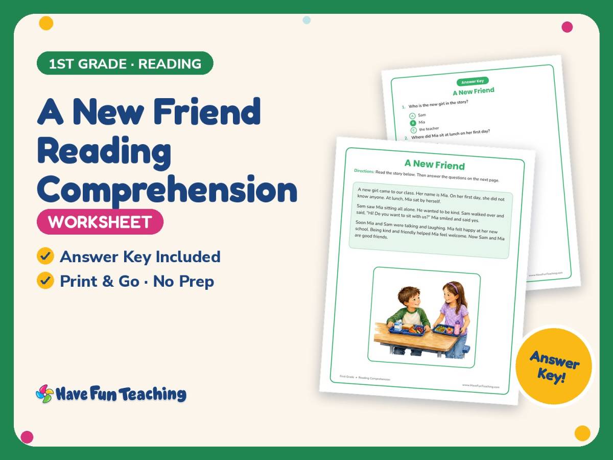 A New Friend Reading Comprehension Worksheet – 1st Grade Social Skills preview