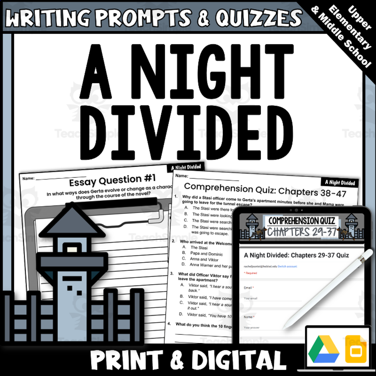 An educational teaching resource from Creatively Gifted entitled "A Night Divided" Novel Study Quizzes, Essay Questions downloadable at Teach Simple.