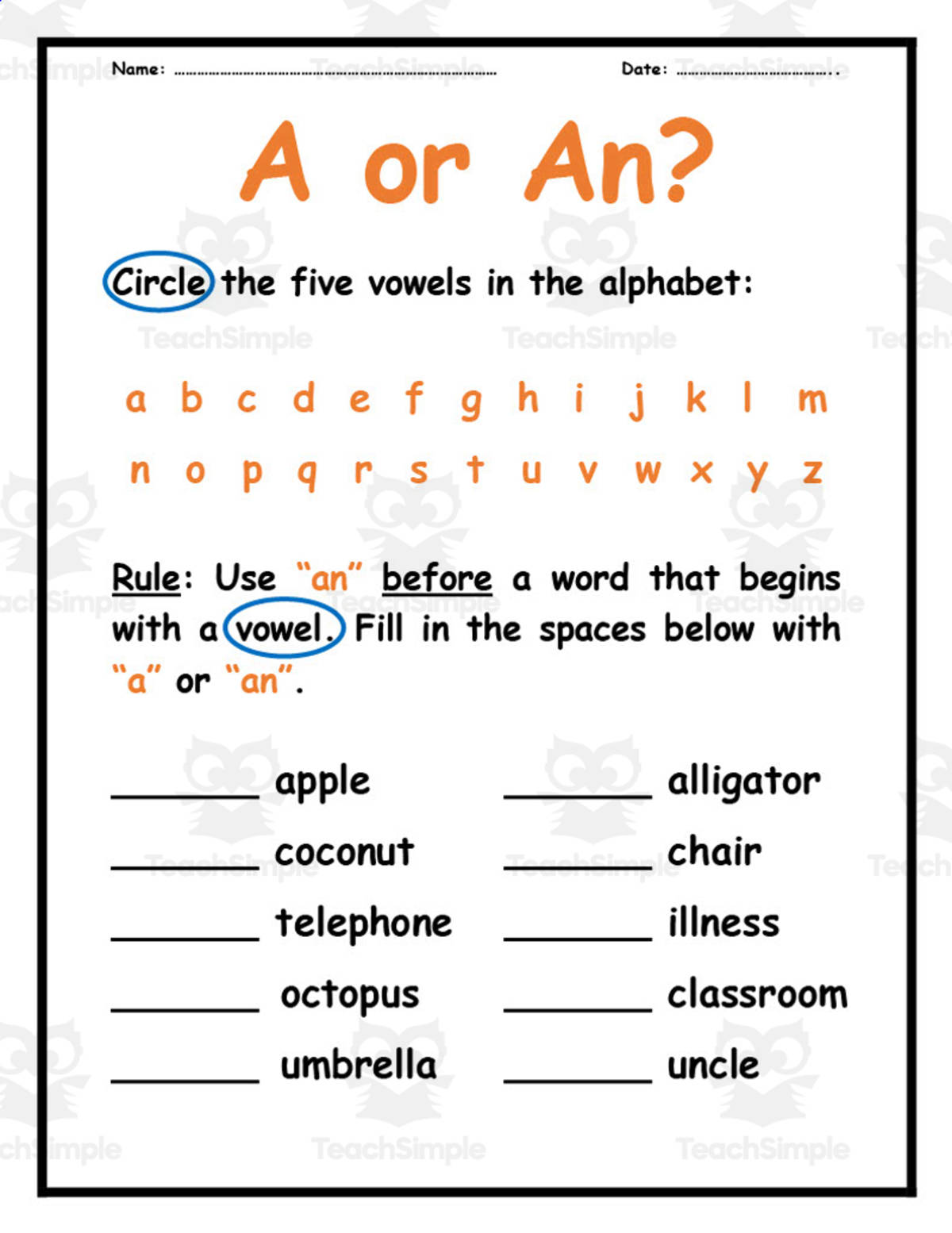 An educational teaching resource from Elementary Resources 4 U entitled A or An Worksheet 1 downloadable at Teach Simple.