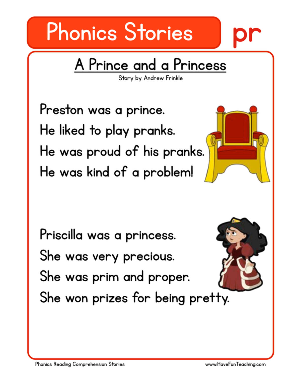 An educational teaching resource from Have Fun Teaching entitled A Prince and a Princess PR Phonics Stories Reading Comprehension Worksheet downloadable at Teach Simple.