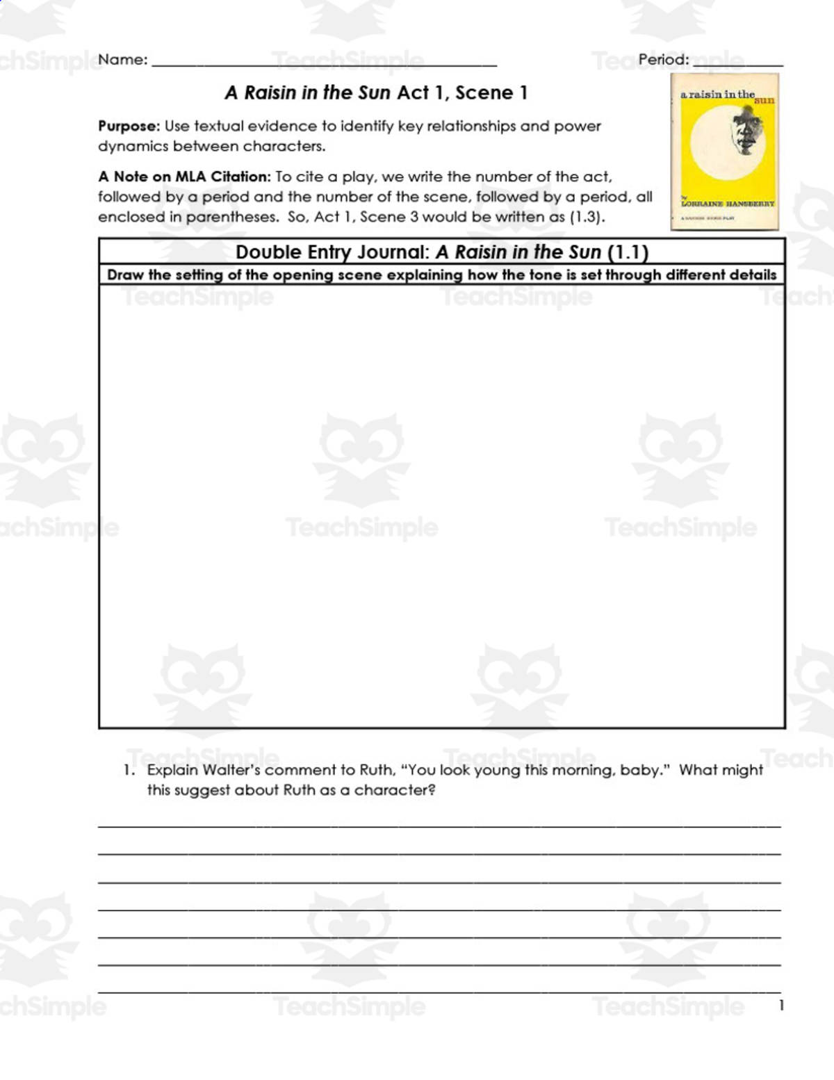 An educational teaching resource from ELA Resources entitled A Raisin in the Sun | Double Entry Journals downloadable at Teach Simple.