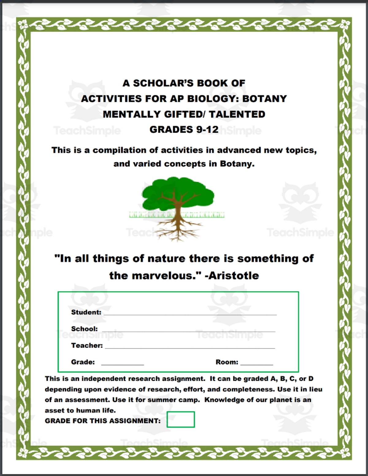 An educational teaching resource from THE LANTERN OF KNOWLEDGE entitled A SCHOLAR’S BOOK OF ACTIVITIES FOR AP BIOLOGY: BOTANY MENTALLY GIFTED downloadable at Teach Simple.