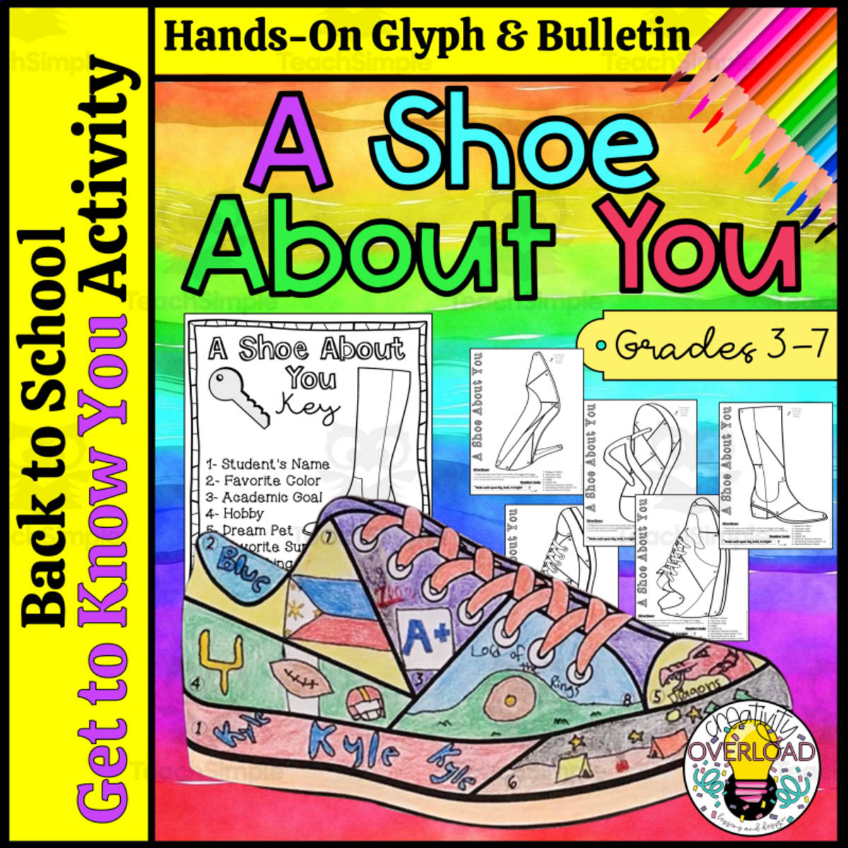 An educational teaching resource from Creativity Overload entitled "A Shoe About You" Back to School Hands-On Activity and Bulletin Board Display downloadable at Teach Simple.