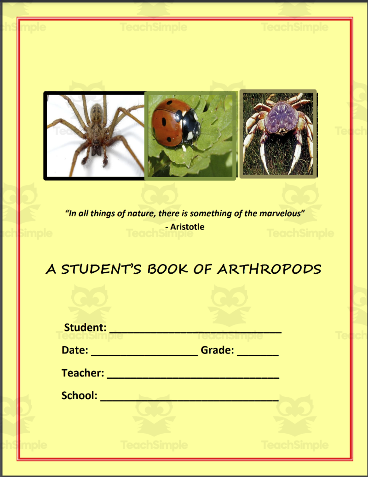 An educational teaching resource from THE LANTERN OF KNOWLEDGE entitled A Student's Book of Arthropods downloadable at Teach Simple.