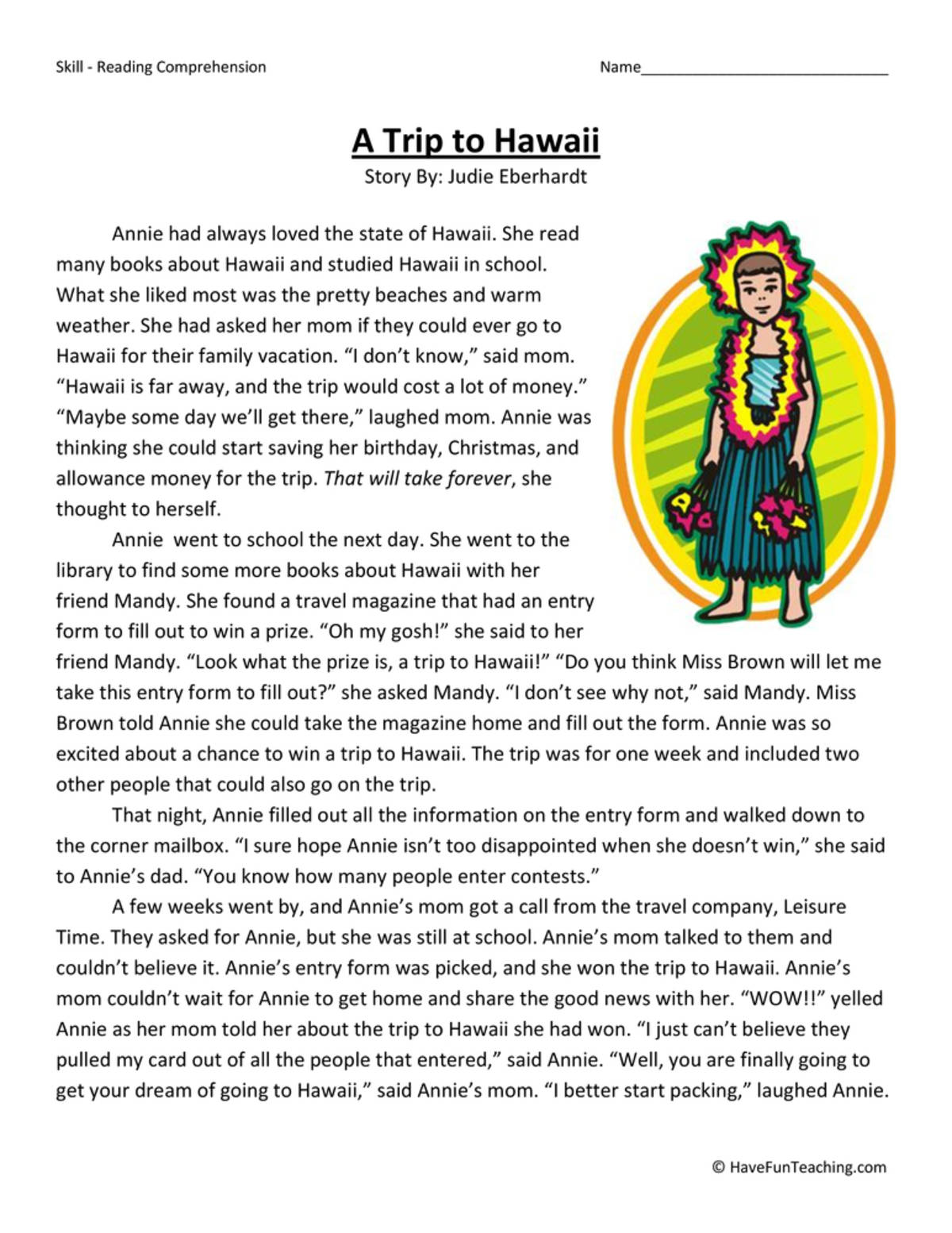 An educational teaching resource from Have Fun Teaching entitled A Trip to Hawaii Reading Comprehension Worksheet downloadable at Teach Simple.