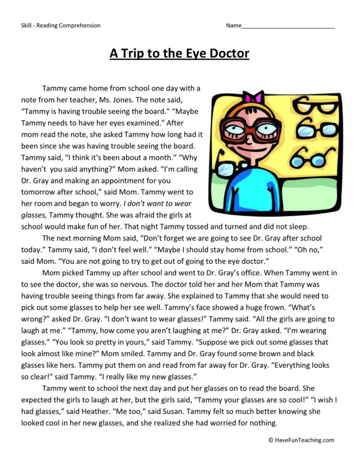 An educational teaching resource from Have Fun Teaching entitled A Trip to the Eye Doctor Reading Comprehension Worksheet downloadable at Teach Simple.