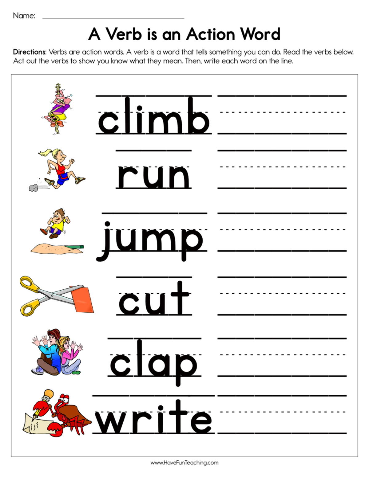 An educational teaching resource from Have Fun Teaching entitled A Verb is an Action Word Worksheet downloadable at Teach Simple.