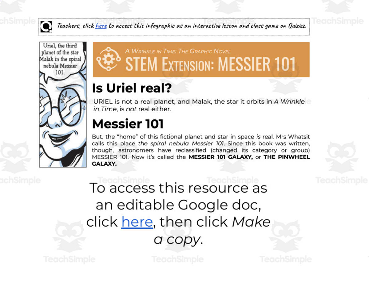 An educational teaching resource from Room2Ruminations entitled A Wrinkle in Time Messier 101 STEM Extension downloadable at Teach Simple.