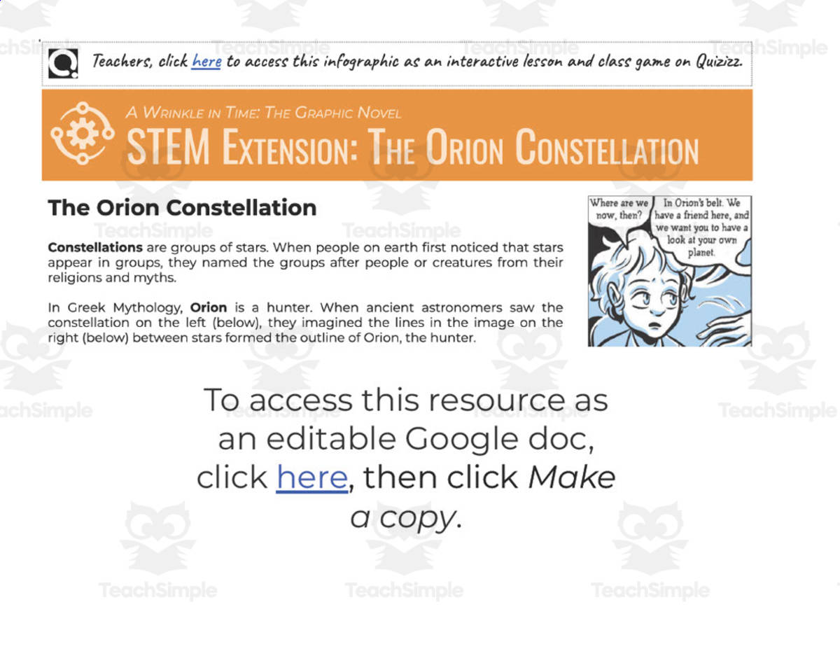 An educational teaching resource from Room2Ruminations entitled A Wrinkle in Time: Orion STEM Extension downloadable at Teach Simple.