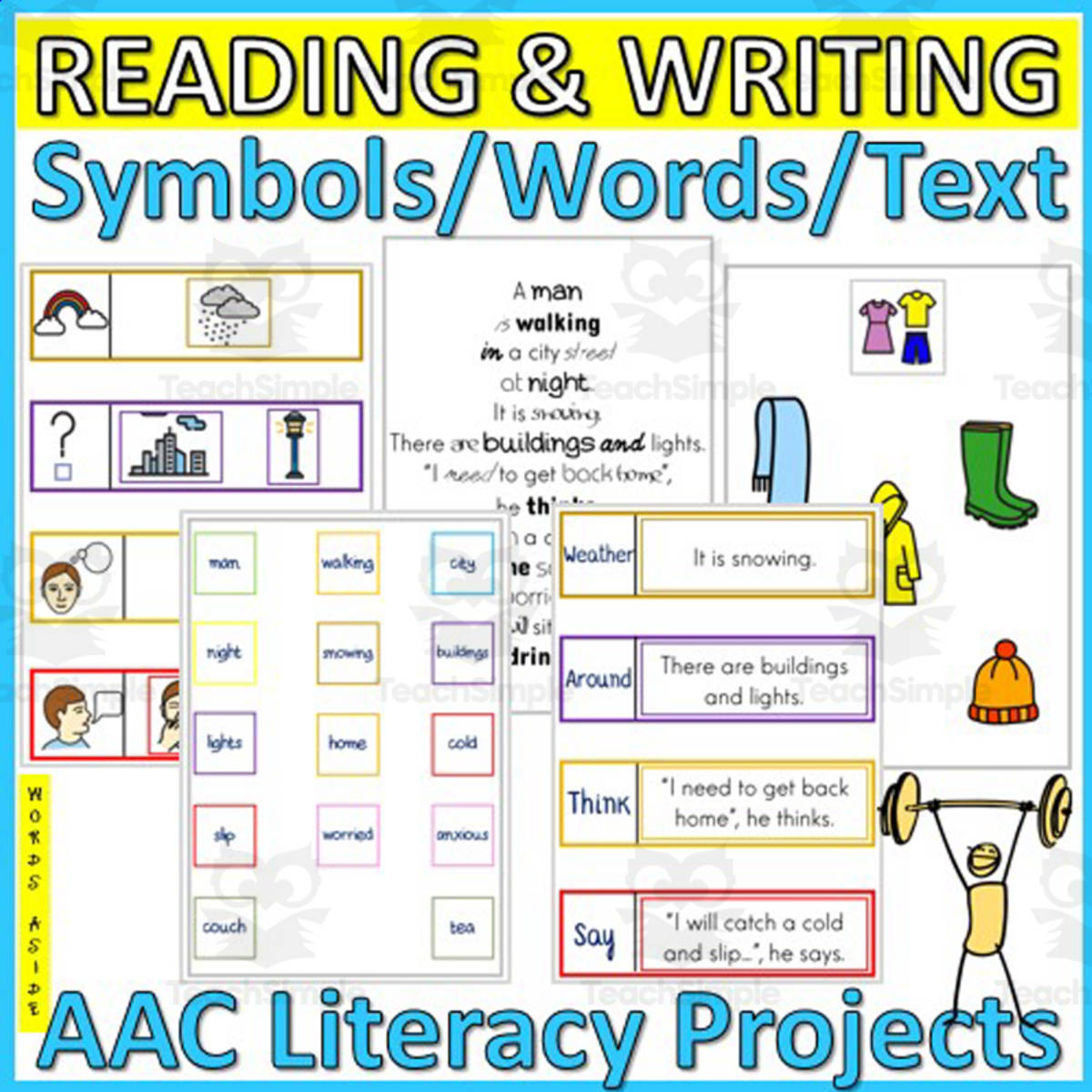 An educational teaching resource from WORDS ASIDE entitled AAC Reading and Writing Development Task Cards 3 downloadable at Teach Simple.