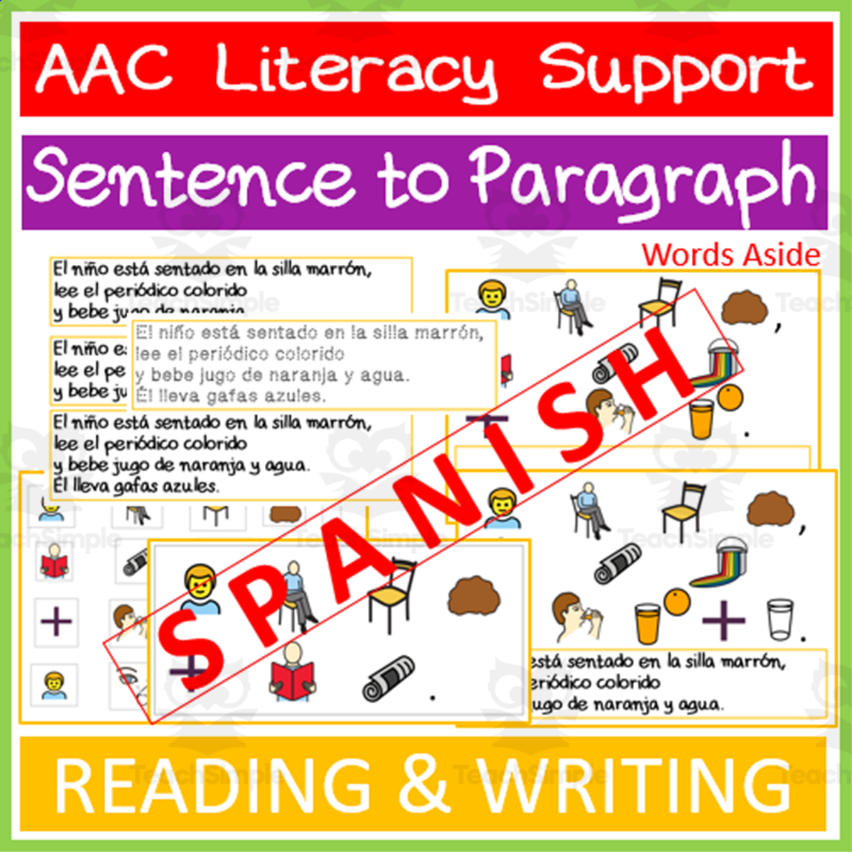 An educational teaching resource from WORDS ASIDE entitled AAC Sentence to Paragraph READING and WRITING |1| SPANISH downloadable at Teach Simple.