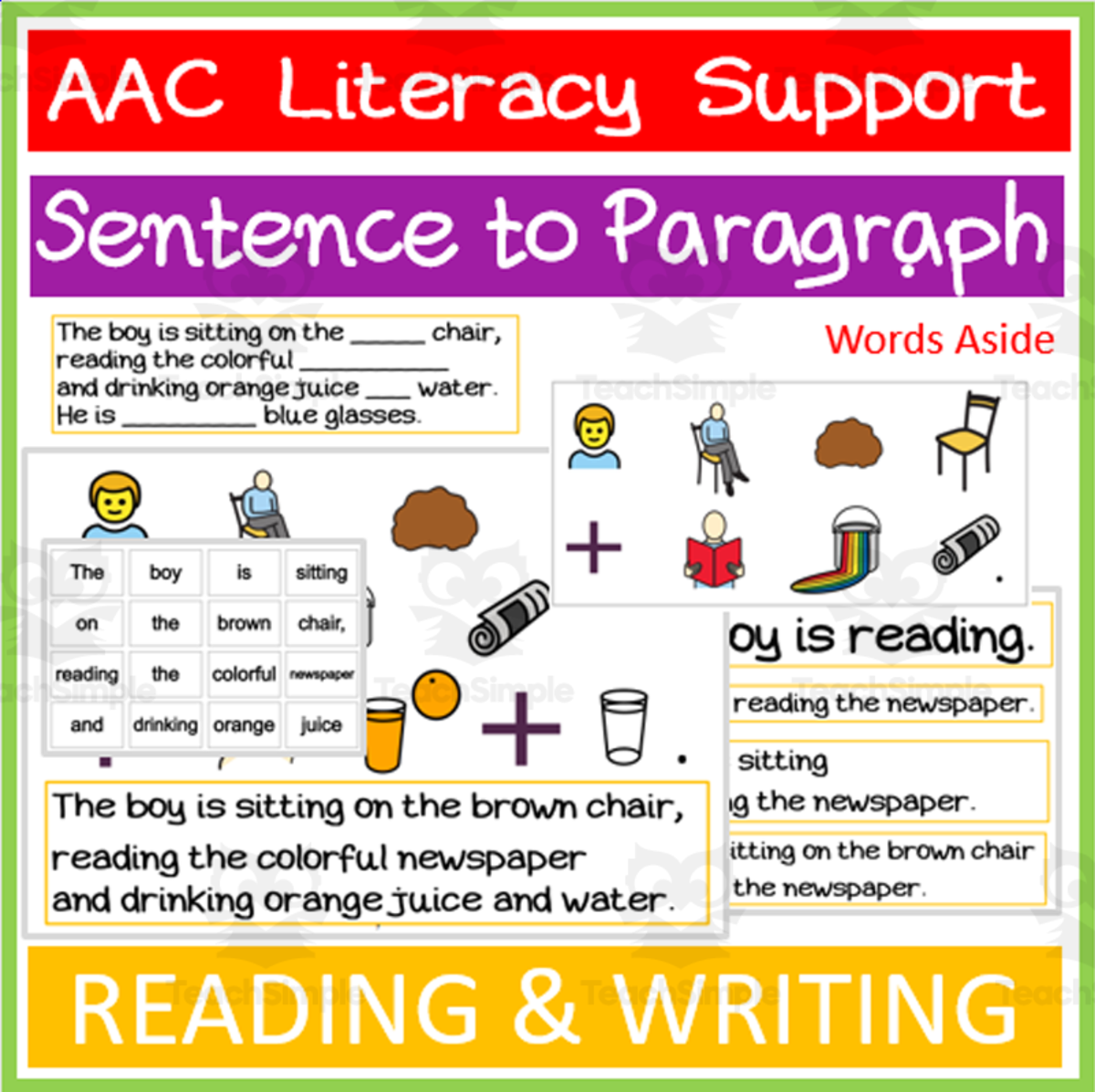 An educational teaching resource from WORDS ASIDE entitled AAC Sentence to Paragraph READING and WRITING |1| downloadable at Teach Simple.