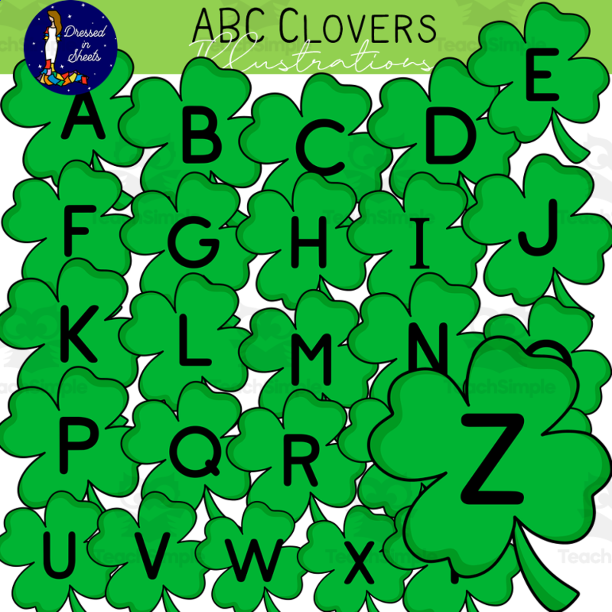 An educational teaching resource from Soumara Siddiqui entitled ABC Clovers Clip Art downloadable at Teach Simple.